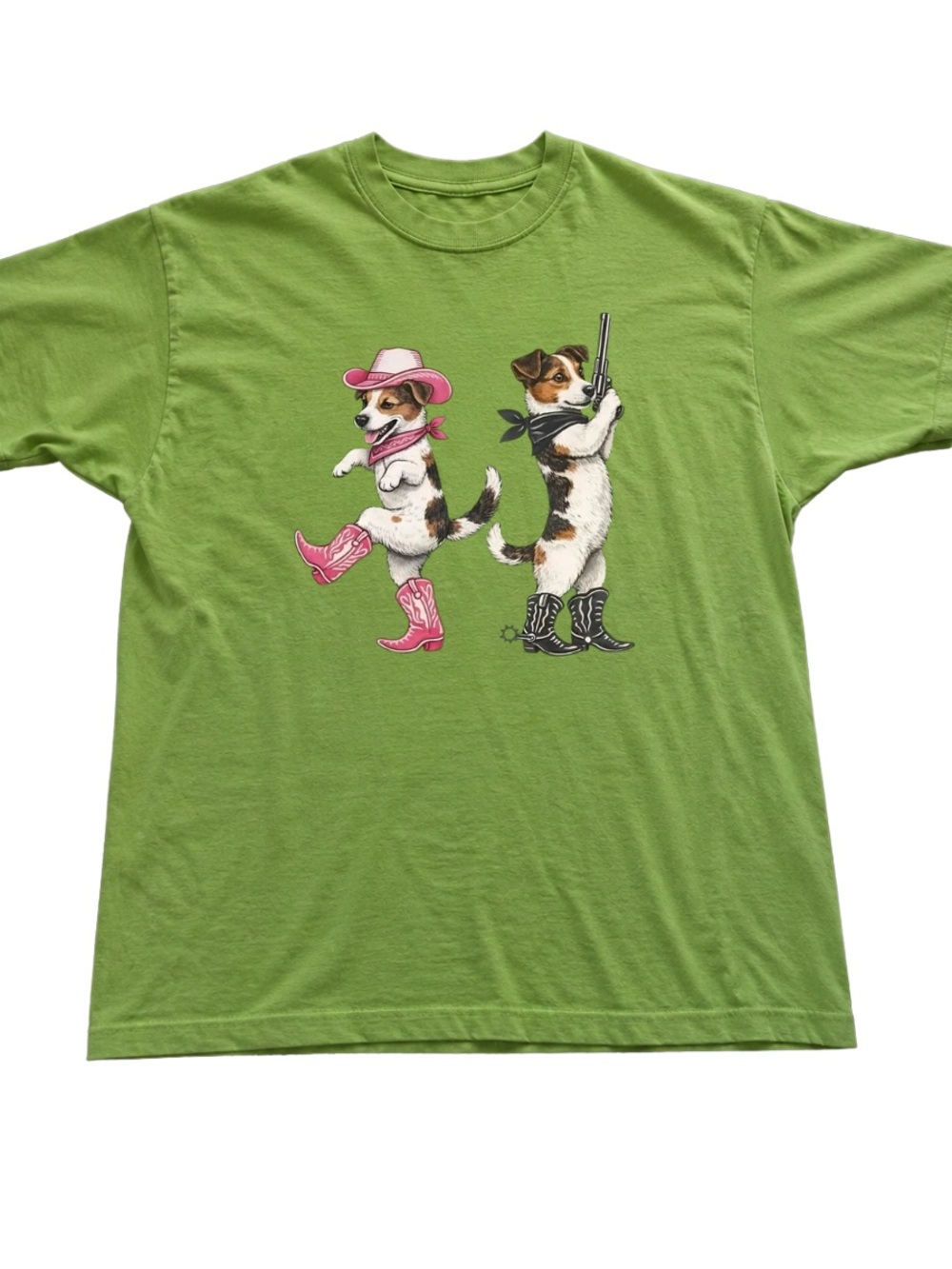 Kiwi Green Tee with Cowboy Dog Pair Graphic